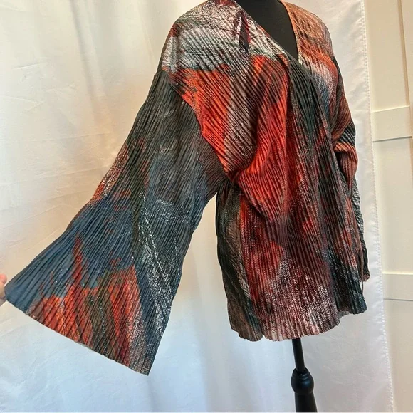 Zara multicolored abstract print pleated kimono sleeve wrap blouse top M NWOT - Picture 7 of 16